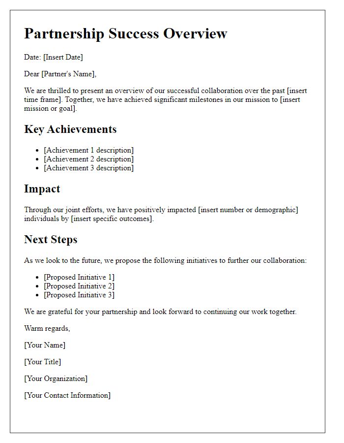 Letter template of partnership success overview for nonprofit collaborations.