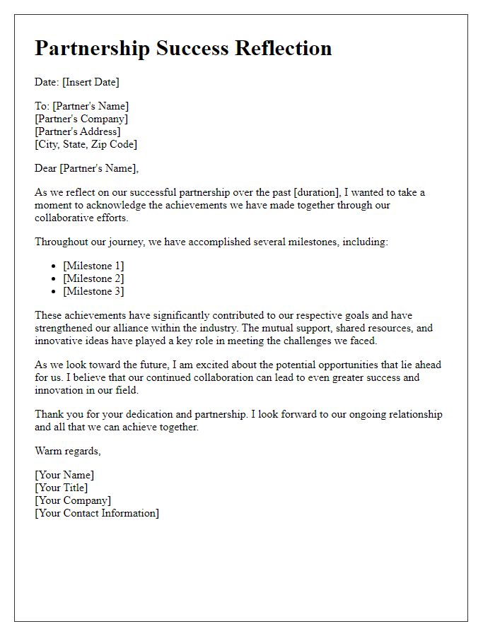 Letter template of partnership success reflection for industry alliances.