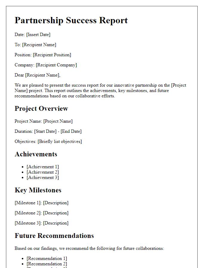 Letter template of partnership success report for innovative projects.