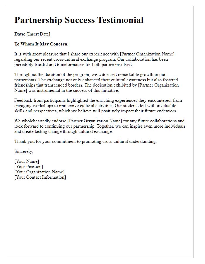 Letter template of partnership success testimonial for cross-cultural exchange.