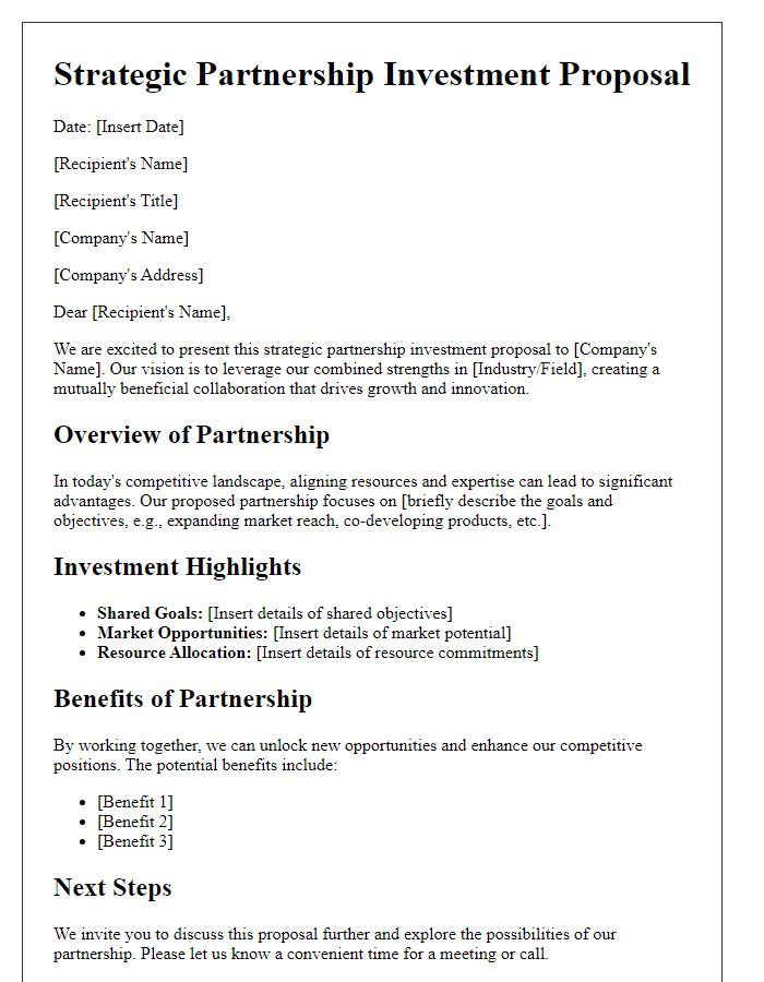 Letter template of strategic partnership investment proposal