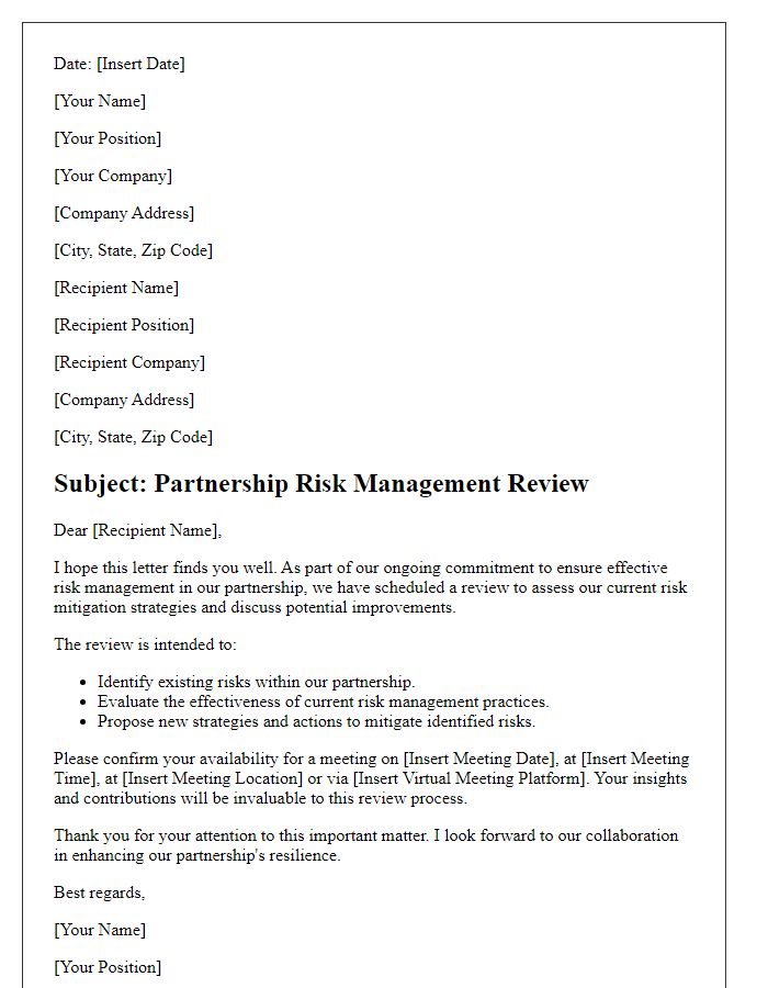 Letter template of partnership risk management review