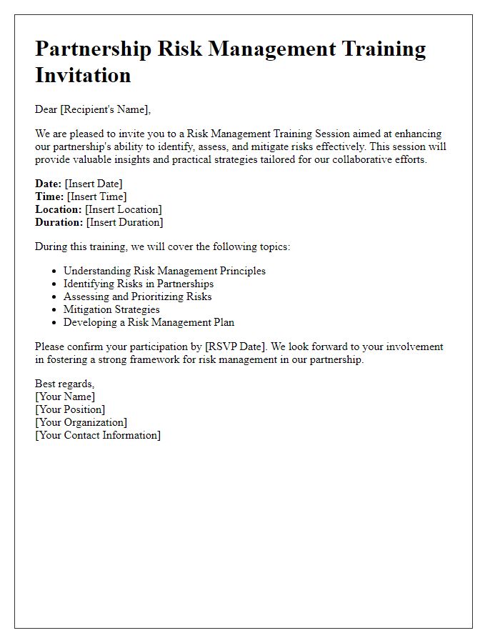 Letter template of partnership risk management training session