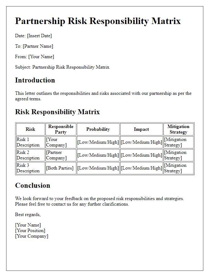 Letter template of partnership risk responsibility matrix