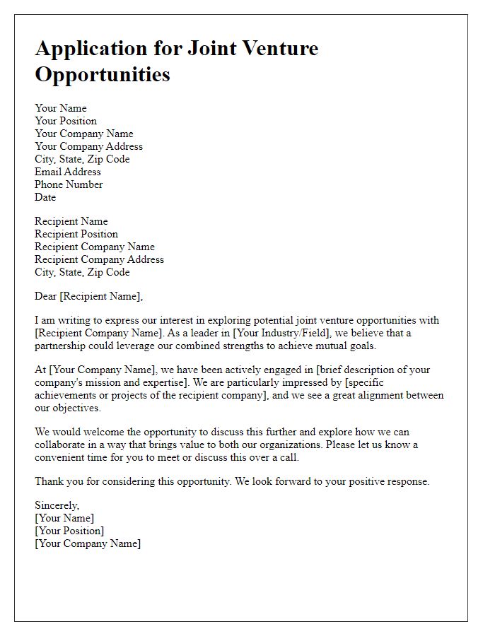 Letter template of application for joint venture opportunities