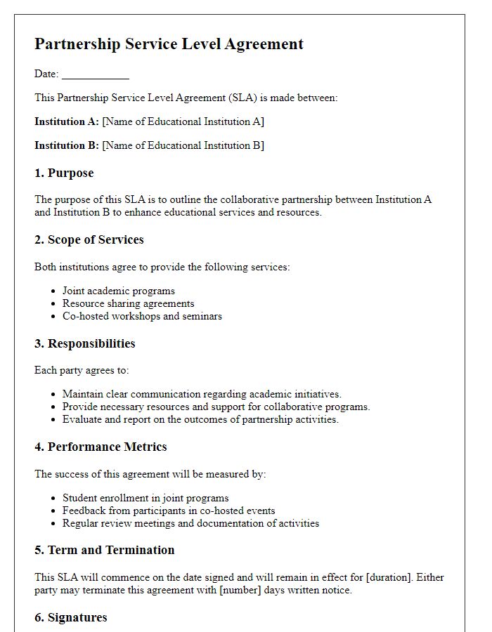 Letter template of Partnership Service Level Agreement for Educational Institutions