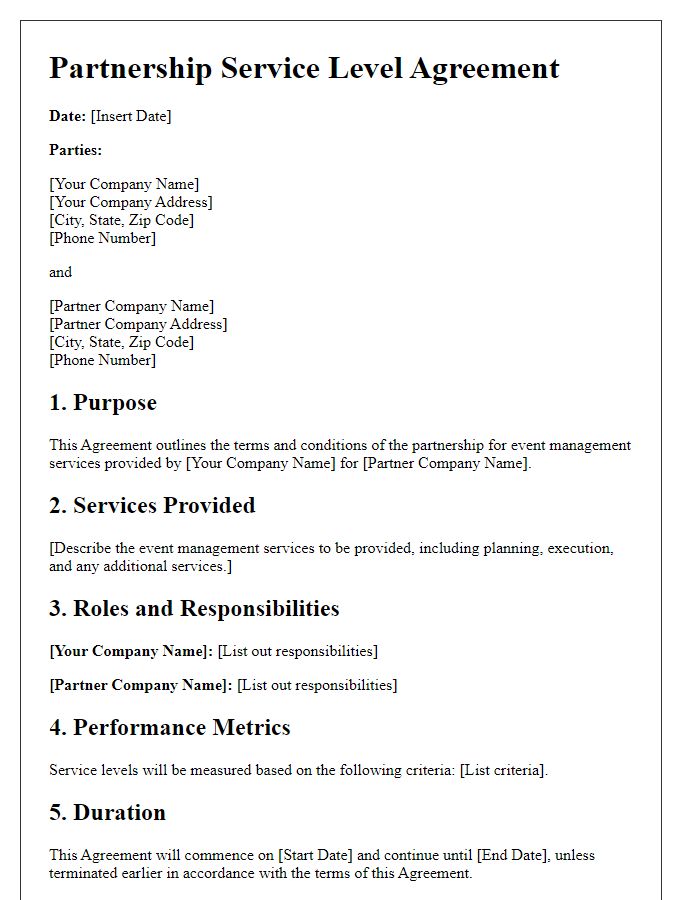 Letter template of Partnership Service Level Agreement for Event Management Services