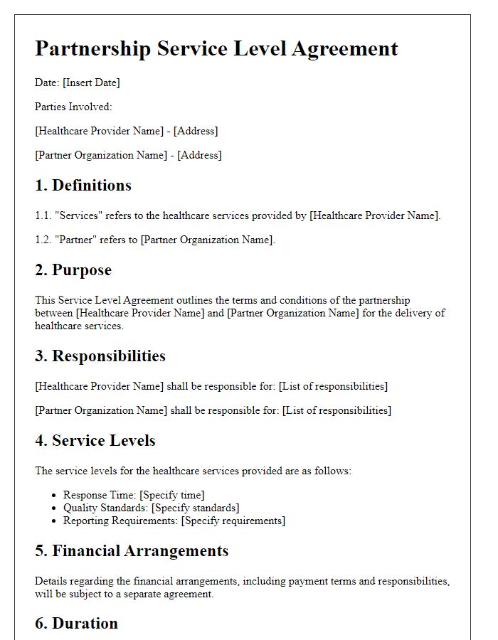 Letter template of Partnership Service Level Agreement for Healthcare Partnerships