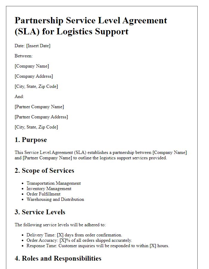 Letter template of Partnership Service Level Agreement for Logistics Support