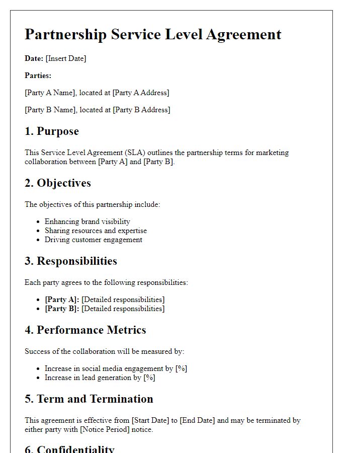 Letter template of Partnership Service Level Agreement for Marketing Collaboration