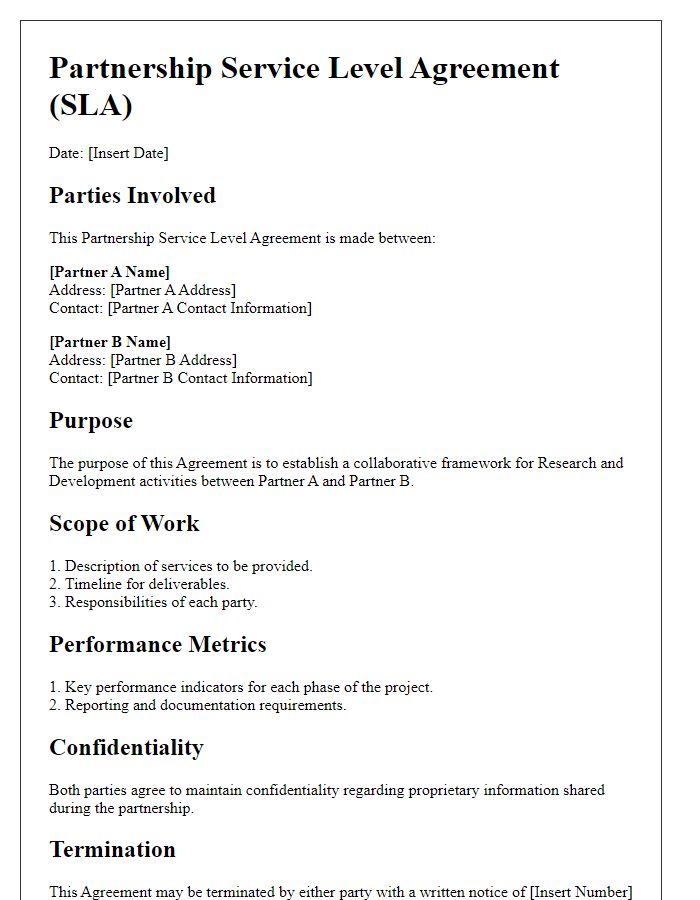 Letter template of Partnership Service Level Agreement for Research and Development