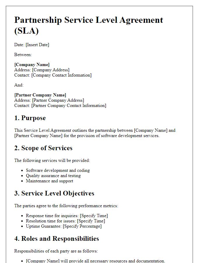 Letter template of Partnership Service Level Agreement for Software Development