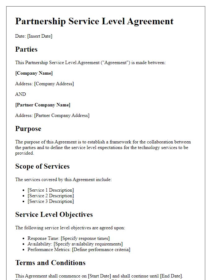 Letter template of Partnership Service Level Agreement for Technology Services