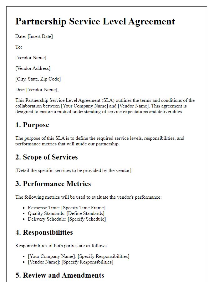 Letter template of Partnership Service Level Agreement for Vendor Collaboration