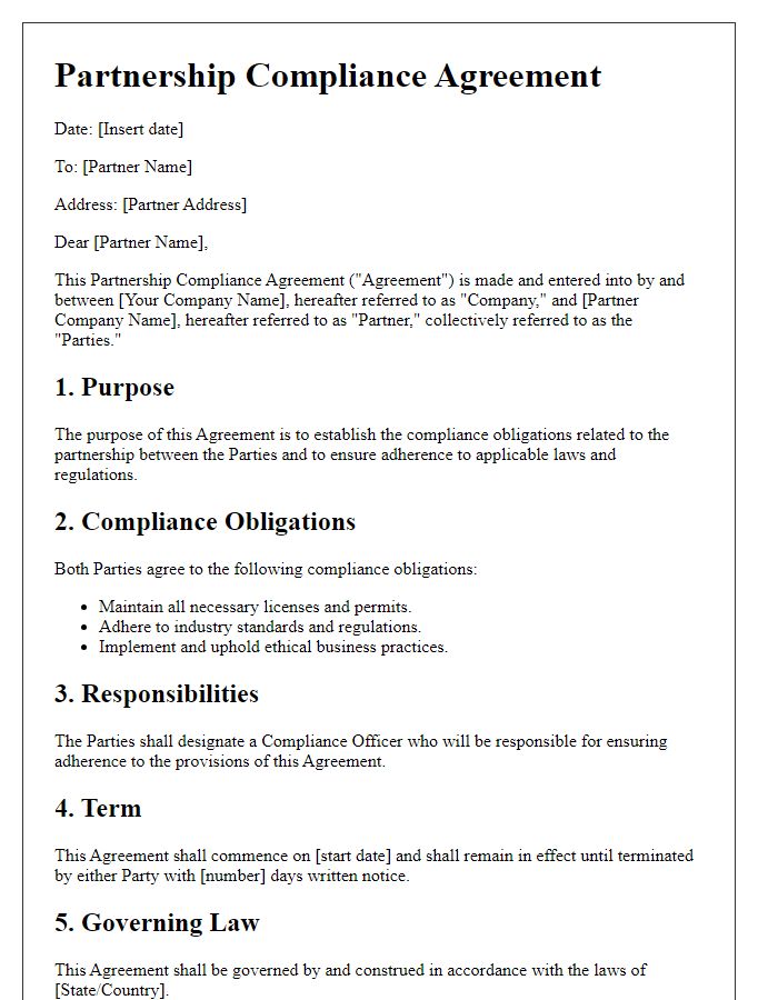 Letter template of partnership compliance agreement