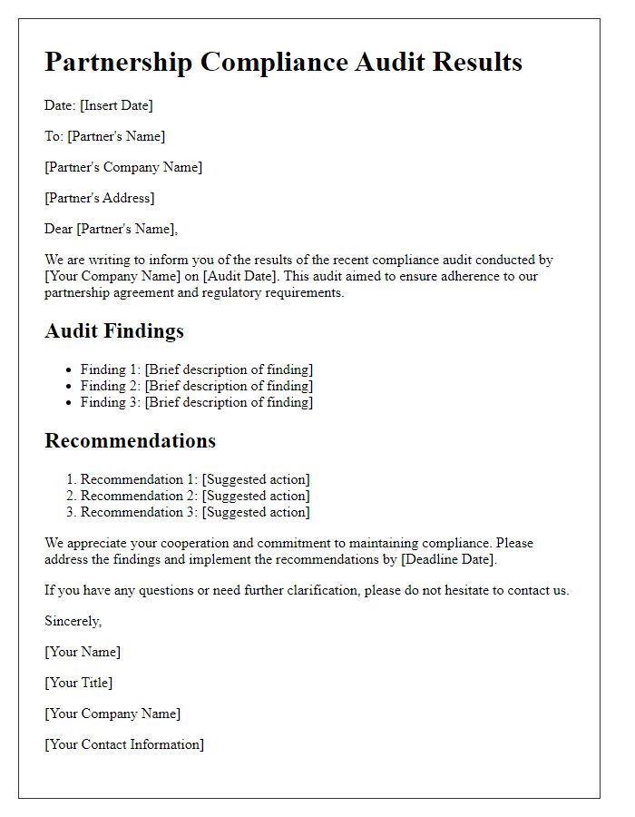 Letter template of partnership compliance audit results