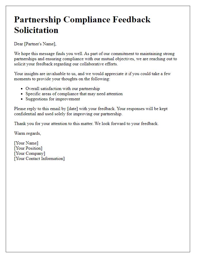 Letter template of partnership compliance feedback solicitation