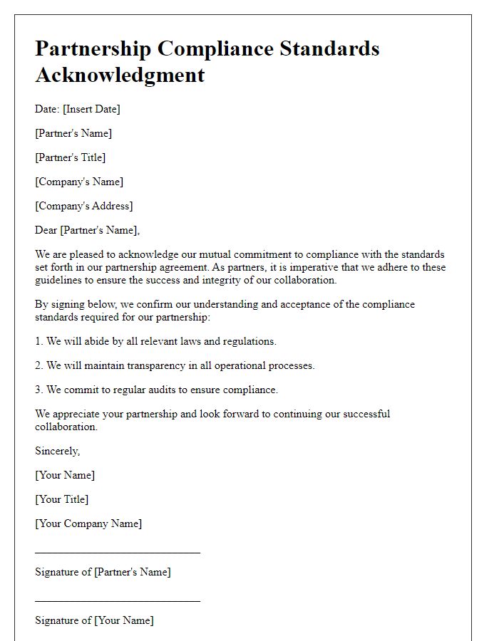 Letter template of partnership compliance standards acknowledgment