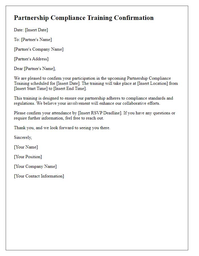 Letter template of partnership compliance training confirmation