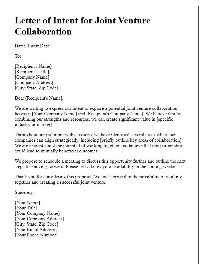 Letter template of expression of intent for joint venture collaboration.