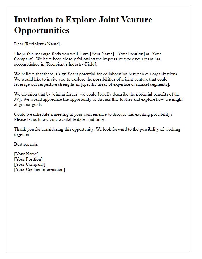 Letter template of invitation to explore joint venture possibilities.