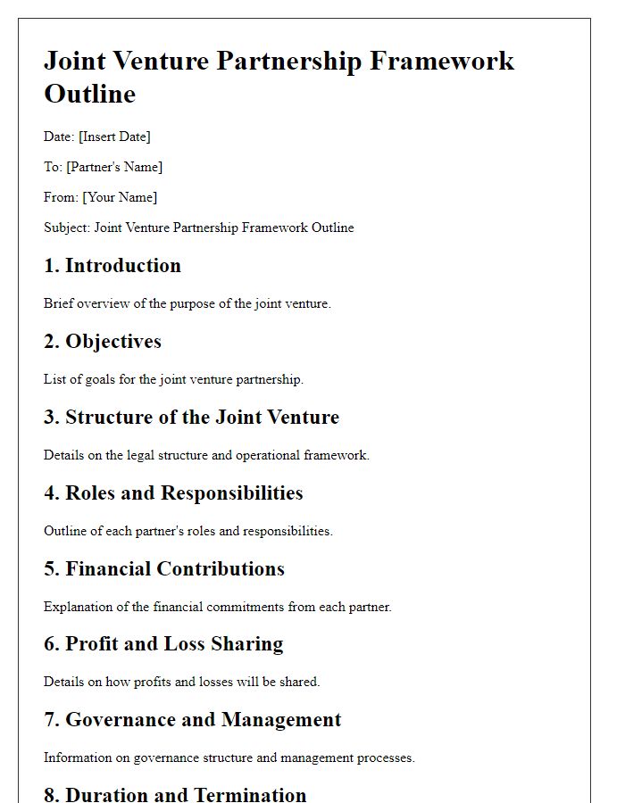 Letter template of outline for joint venture partnership framework.