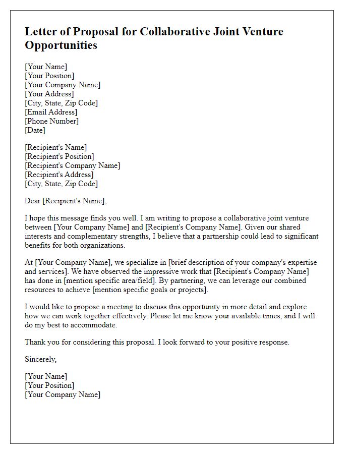 Letter template of proposal for collaborative joint venture opportunities.