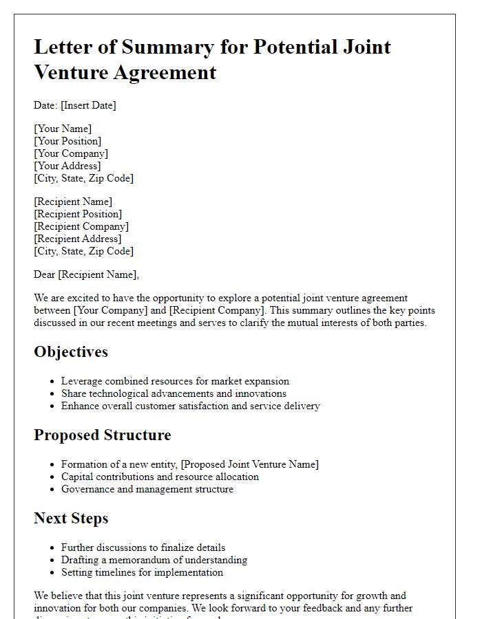 Letter template of summary for potential joint venture agreement.