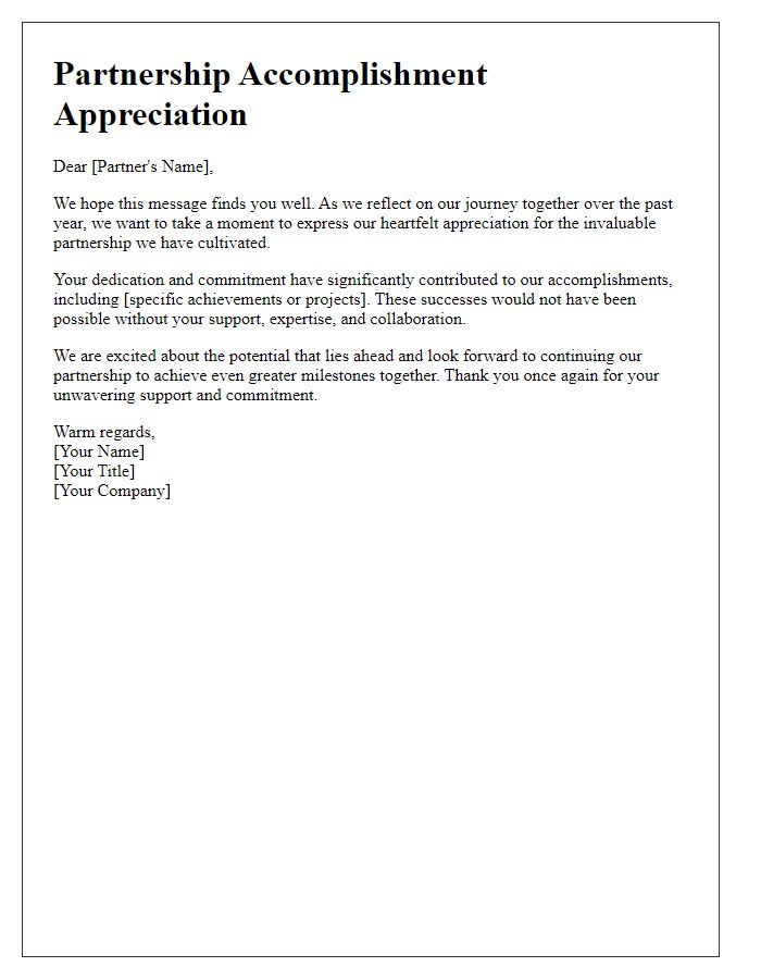 Letter template of partnership accomplishment appreciation