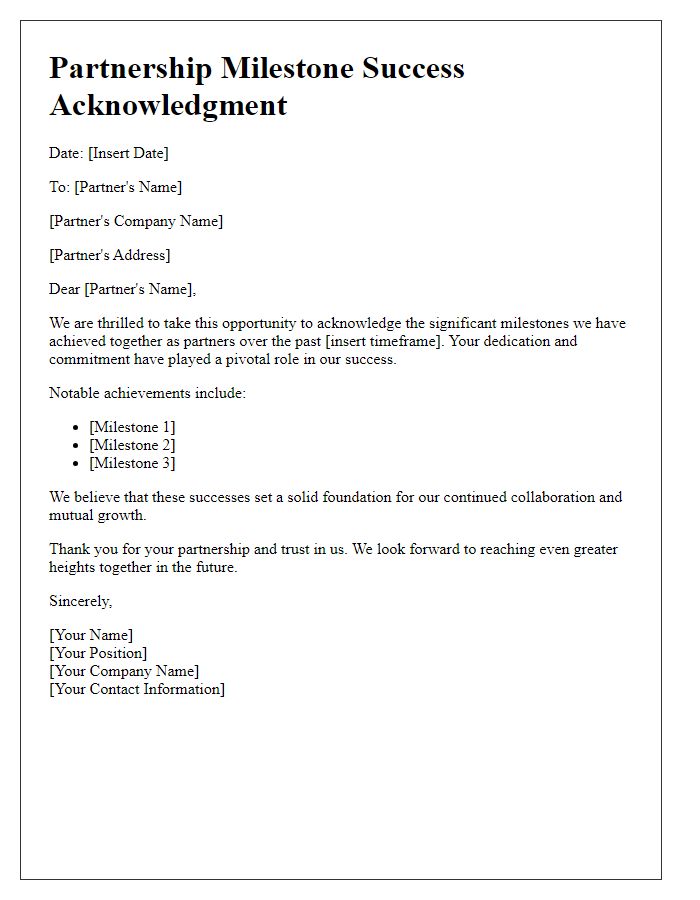 Letter template of partnership milestone success acknowledgment