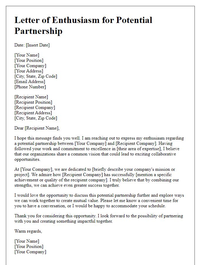 Letter template of enthusiasm for potential partnership