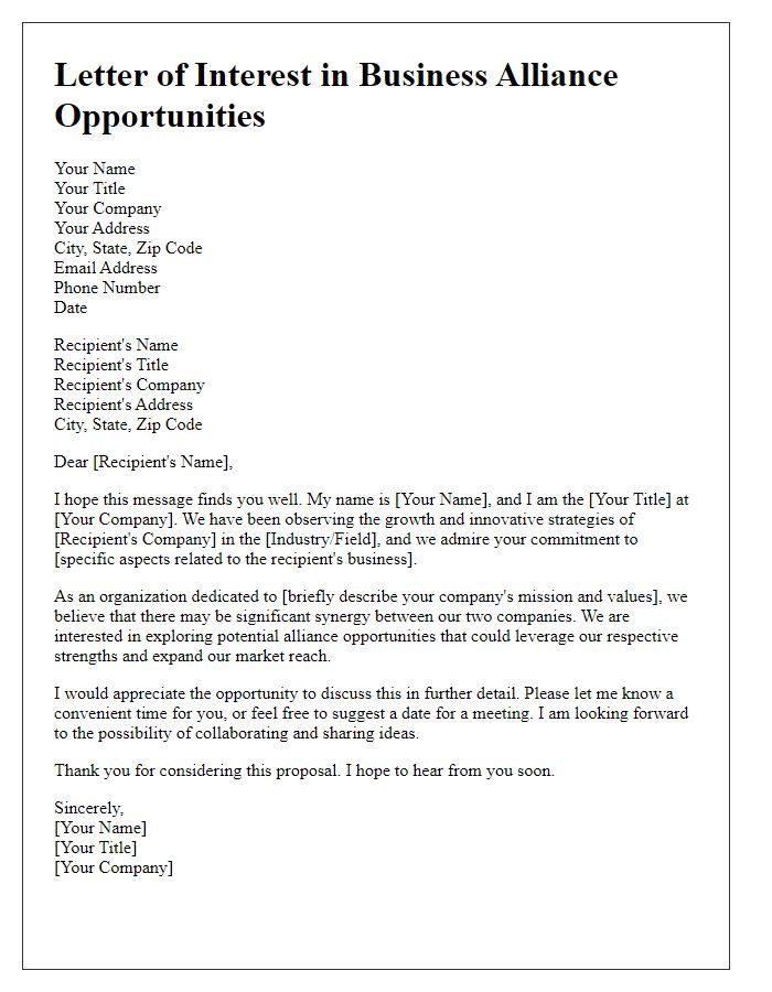 Letter template of interest in business alliance opportunities