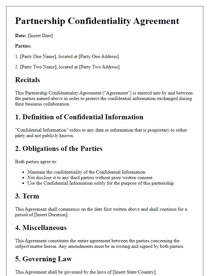 Letter template of Partnership Confidentiality Agreement for Business Collaboration