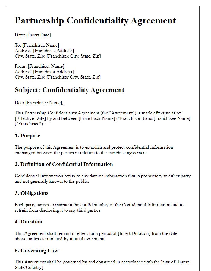 Letter template of Partnership Confidentiality Agreement for Franchise Agreements