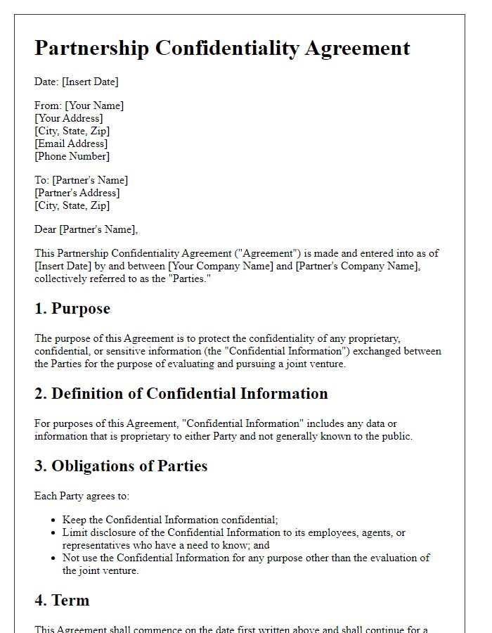 Letter template of Partnership Confidentiality Agreement for Joint Venture