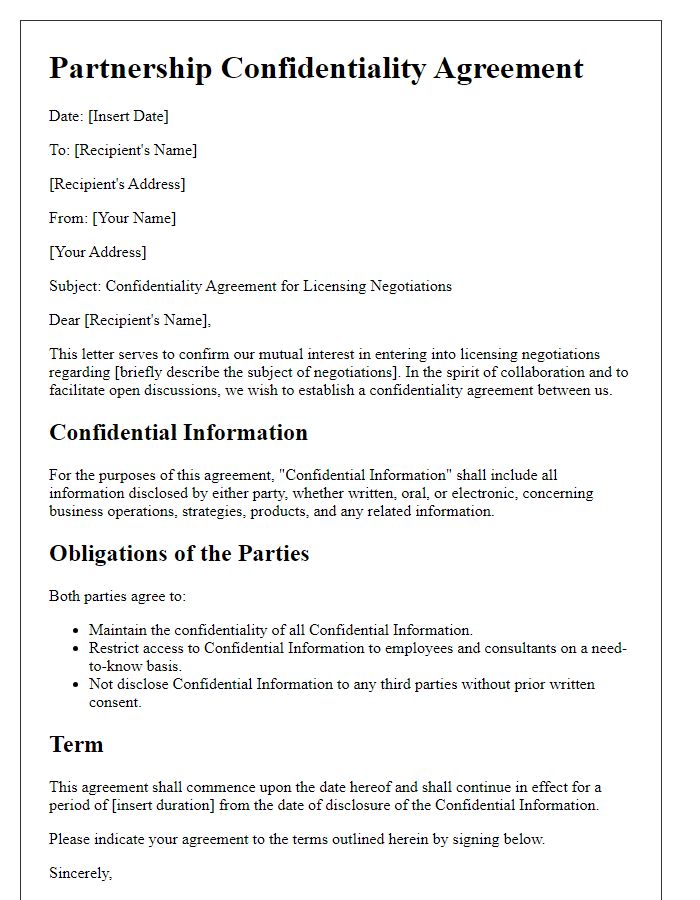 Letter template of Partnership Confidentiality Agreement for Licensing Negotiations