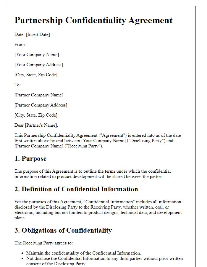 Letter template of Partnership Confidentiality Agreement for Product Development