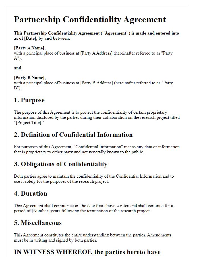 Letter template of Partnership Confidentiality Agreement for Research Project