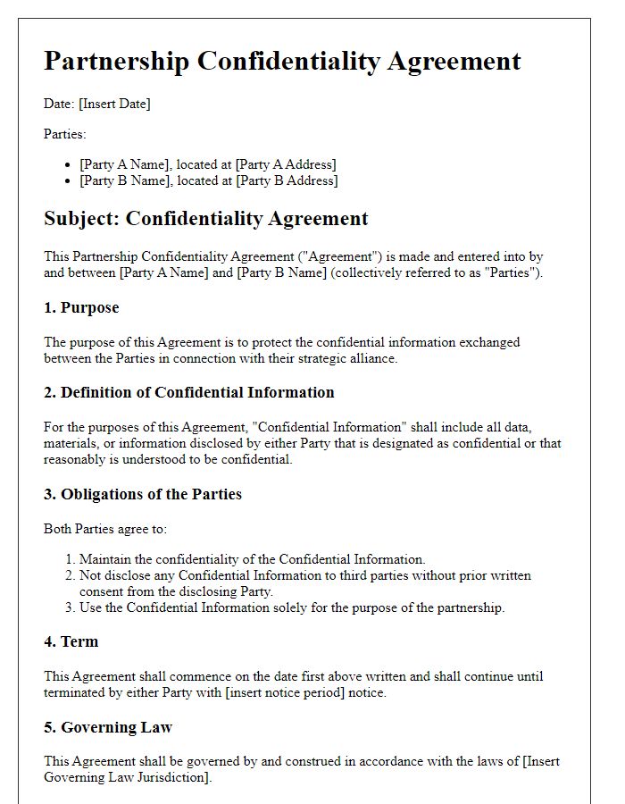 Letter template of Partnership Confidentiality Agreement for Strategic Alliances