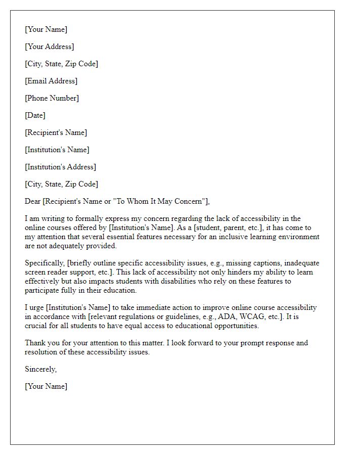 Letter template of complaint regarding lack of online course accessibility.