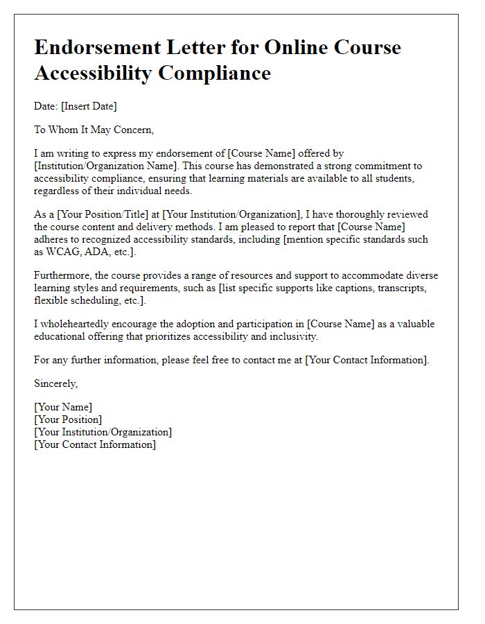 Letter template of endorsement for online course accessibility compliance.