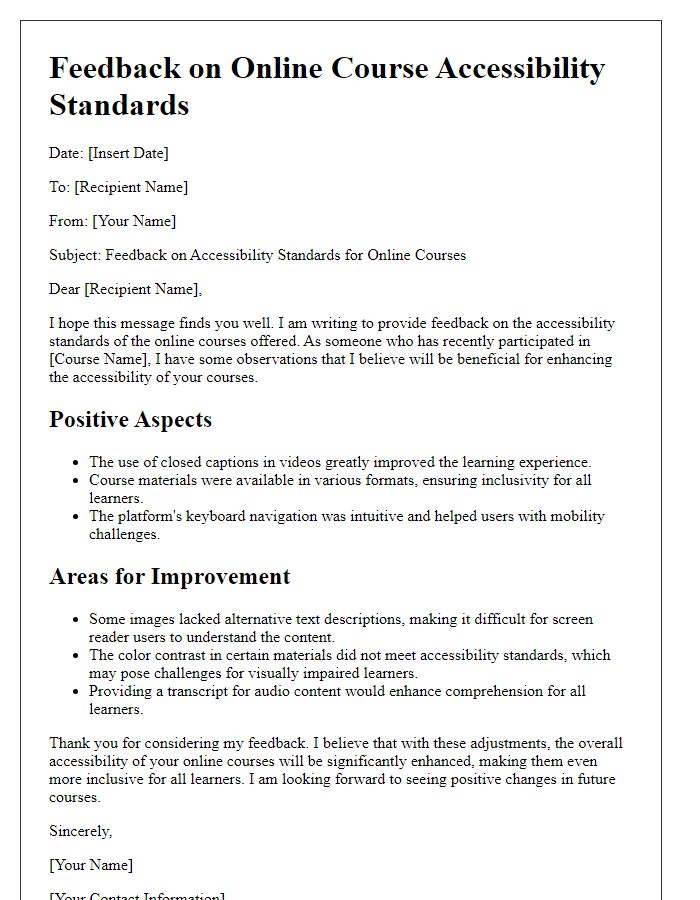 Letter template of feedback on online course accessibility standards.