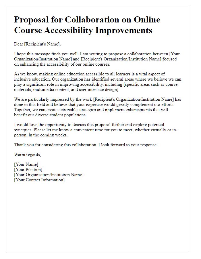 Letter template of proposal for collaboration on online course accessibility improvements.