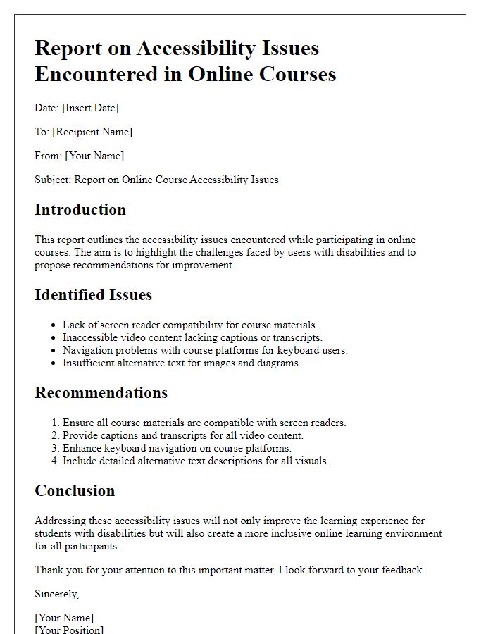 Letter template of report on online course accessibility issues encountered.