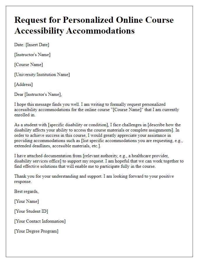 Letter template of request for personalized online course accessibility accommodations.