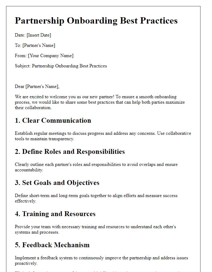 Letter template of partnership onboarding best practices