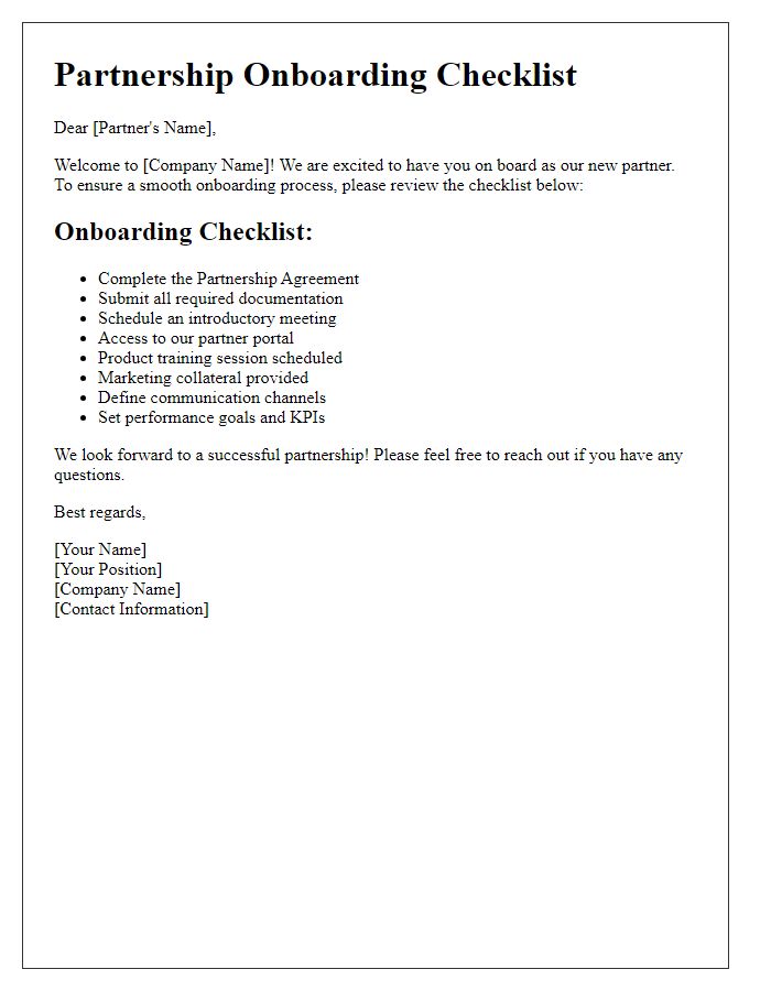 Letter template of partnership onboarding checklist