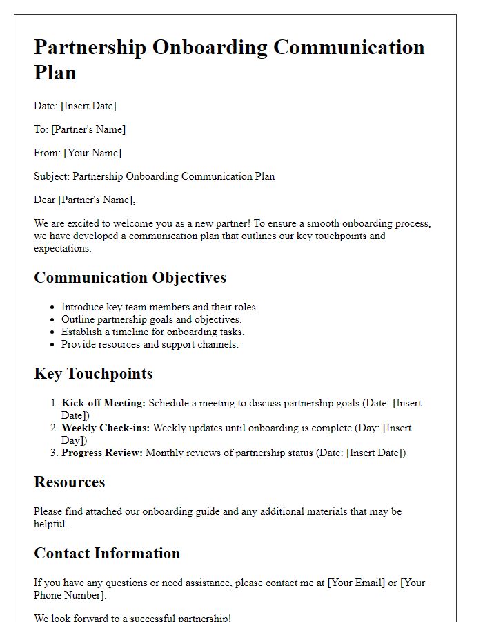 Letter template of partnership onboarding communication plan