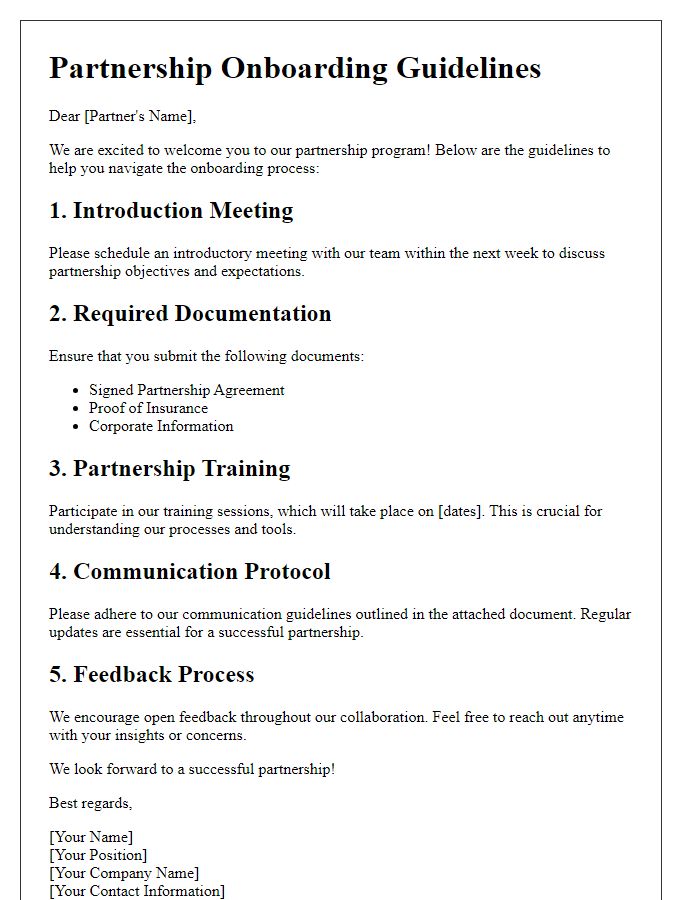 Letter template of partnership onboarding guidelines