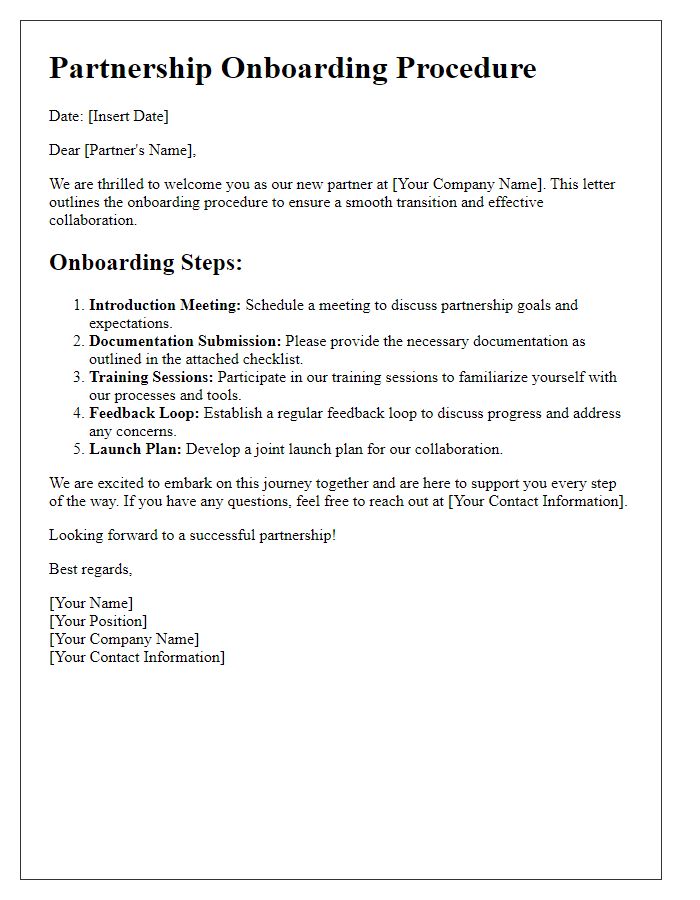 Letter template of partnership onboarding procedure